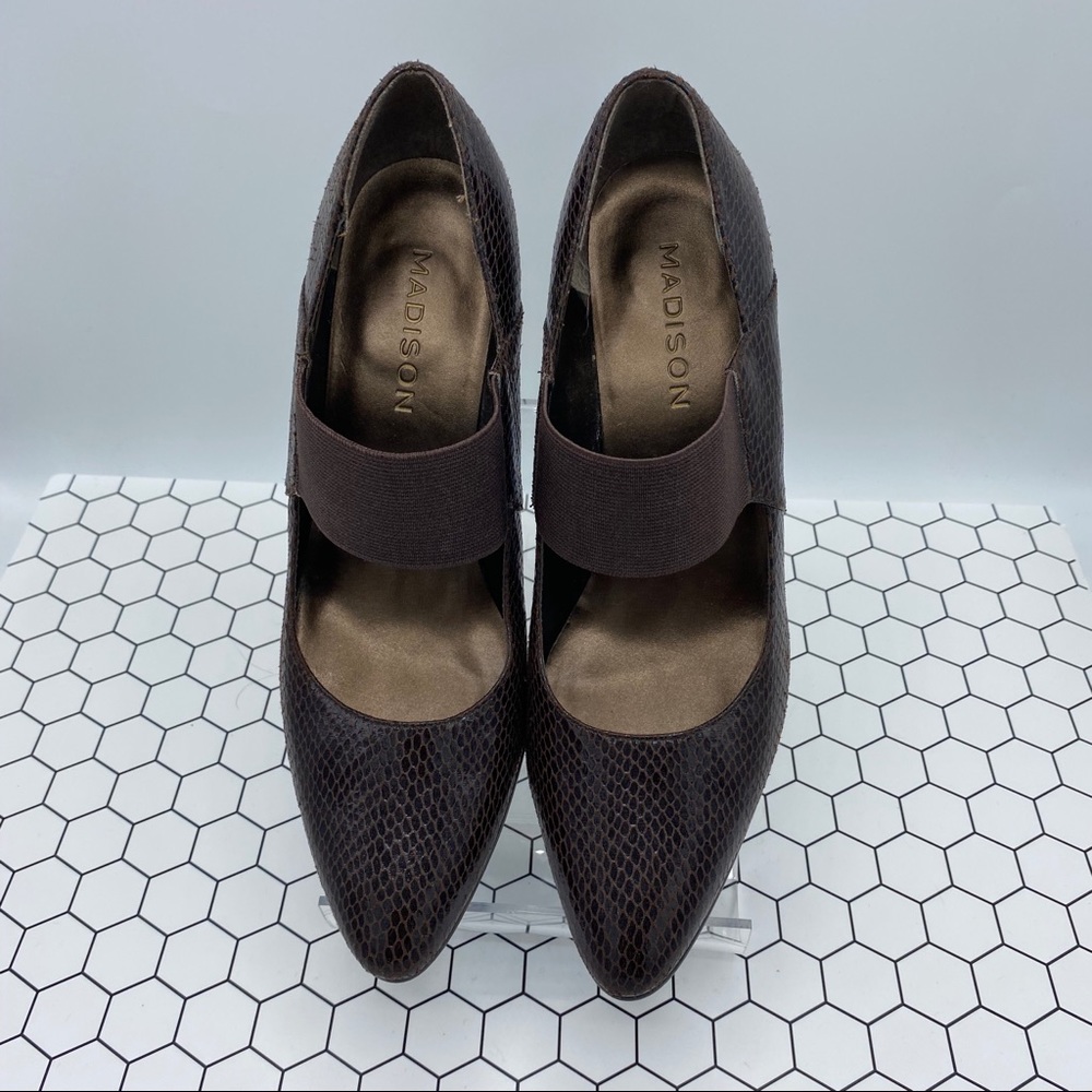 Madison Brown snake skin pattern heels